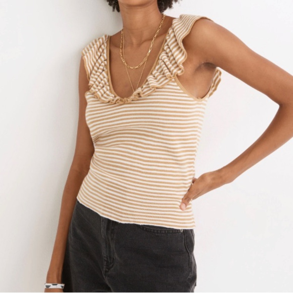 MADEWELL Merino wool blend Beige and white stripe sleeveless sweater tan…